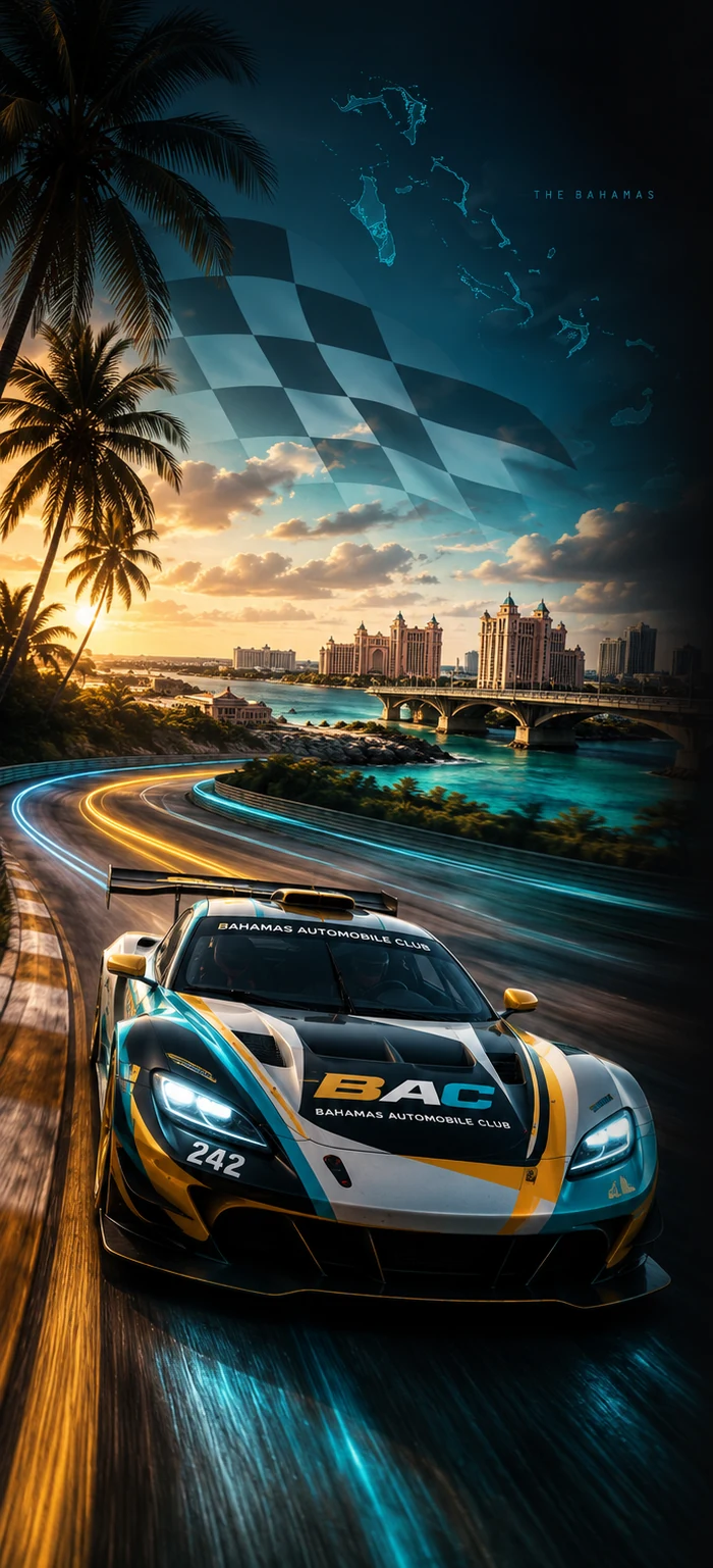 A BAC race car on a coastal Bahamian circuit at sunset